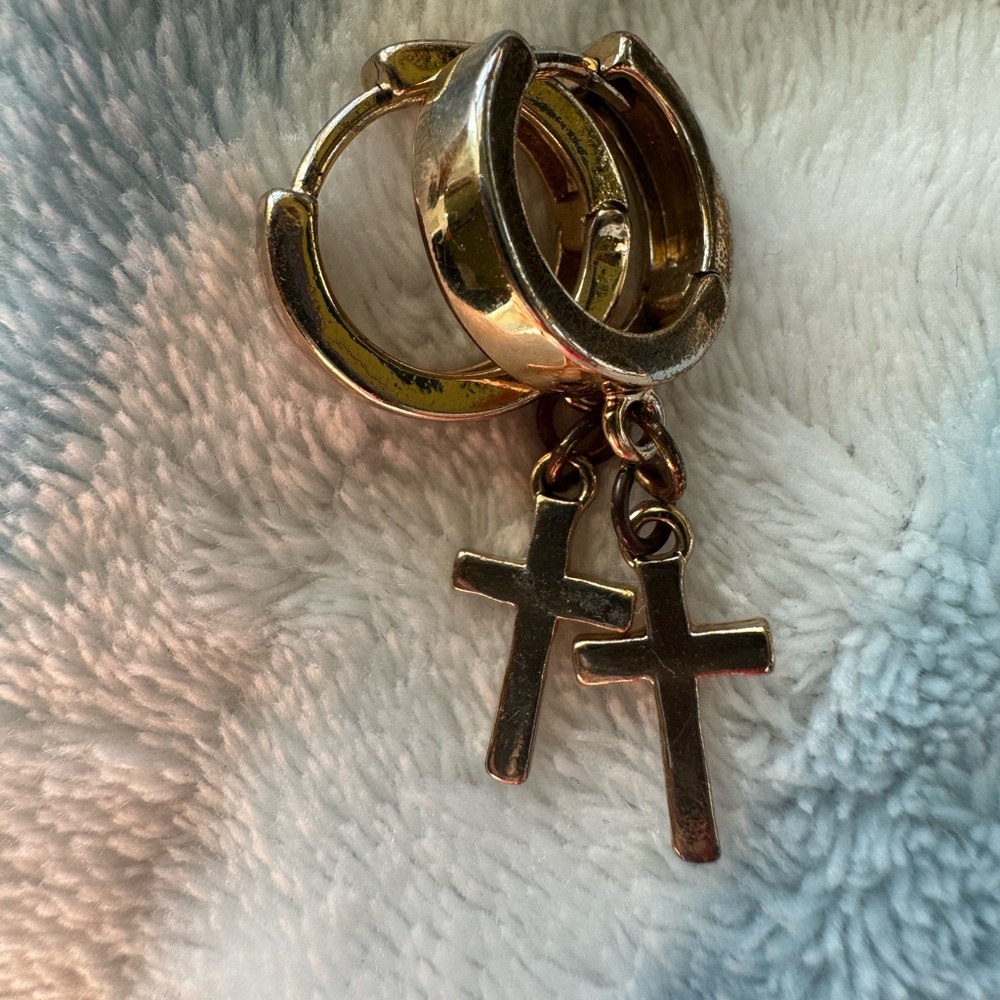 Gold Cross Dangle Hoop Earrings